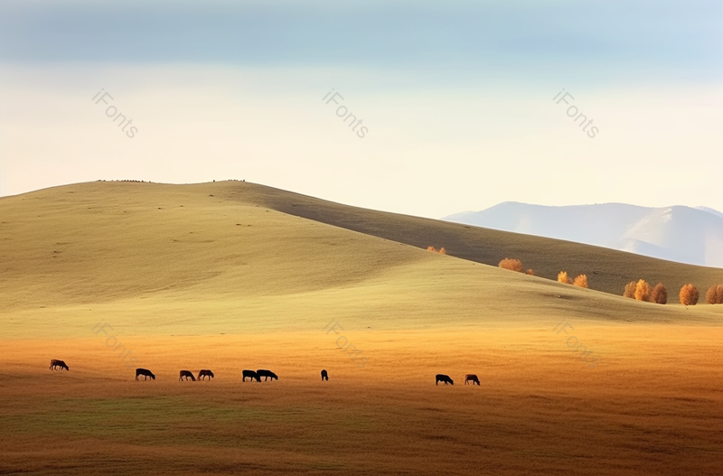 黄色辽阔大草原牛吃草牧场自然风景背景,高清,摄影图,摄影图片,图片大全,摄影图免费下载